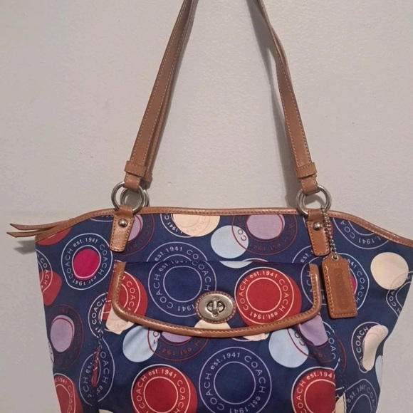 COACH 2009 Polka Dot Leah F14667Blue White Red Shoulder Handbag Purse nwot